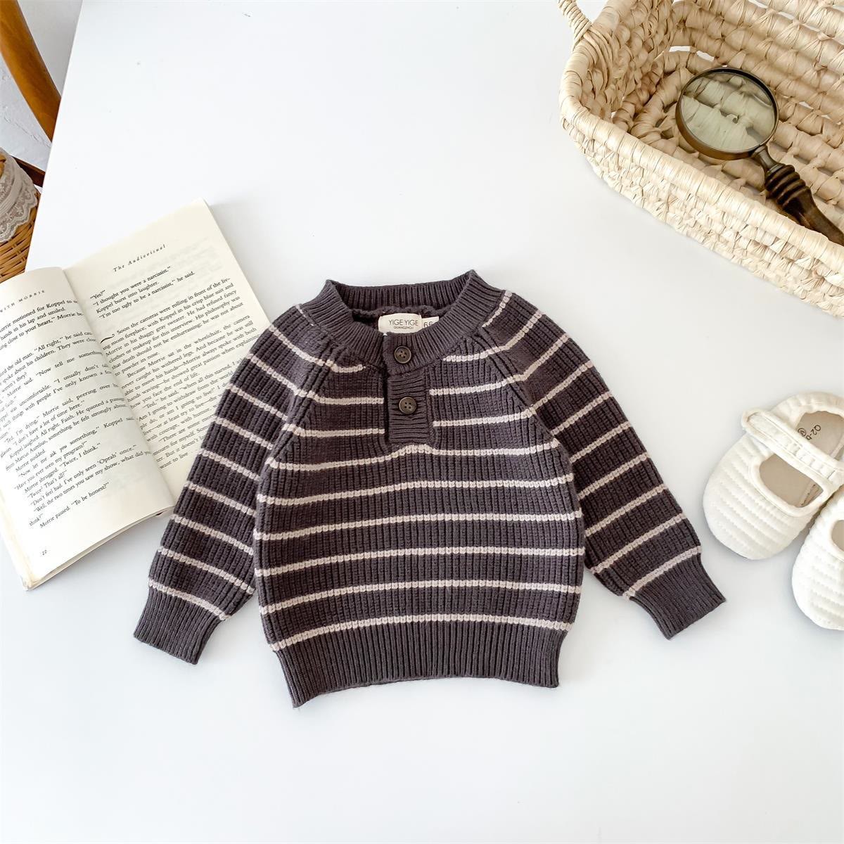 Baby Button Broad-striped Knitted Sweater Overalls