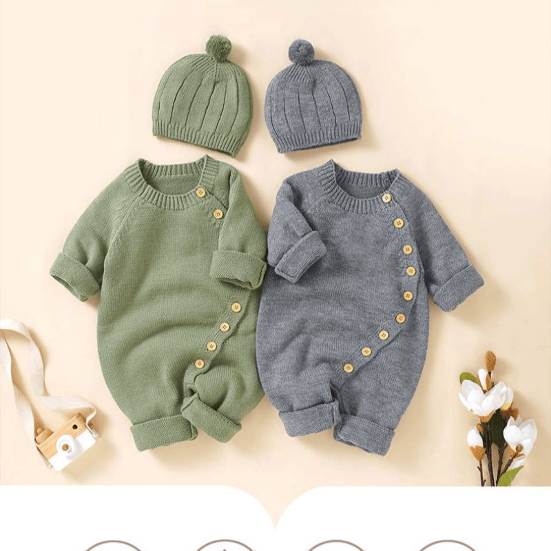 Baby Solid Color Knit Romper with Hat - image 3