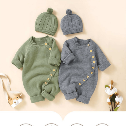 Baby Solid Color Knit Romper with Hat - image 3