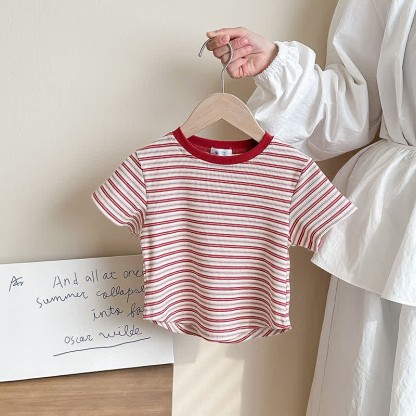 Kids Contrast Color Striped Base Layer T-Shirt - Red - 10Y - image 17