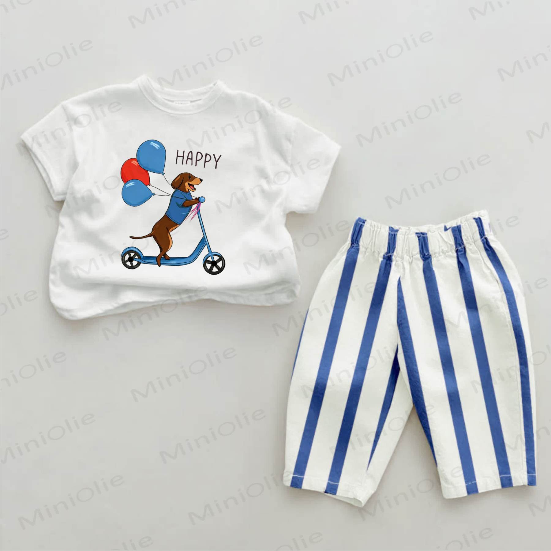 HAPPY Baby Dog Print Blue Vertical Striped 2-piece Set - White&Blue - 2-3T - image 1