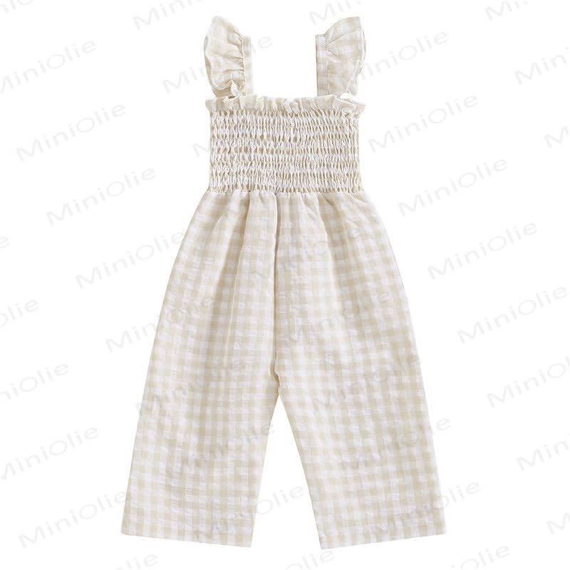 Baby Toddler Plaid Flutter Sleeves Romper - Beige - 3-4T - image 3