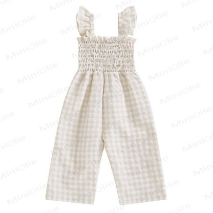 Baby Toddler Plaid Flutter Sleeves Romper - Beige - 3-4T - image 3