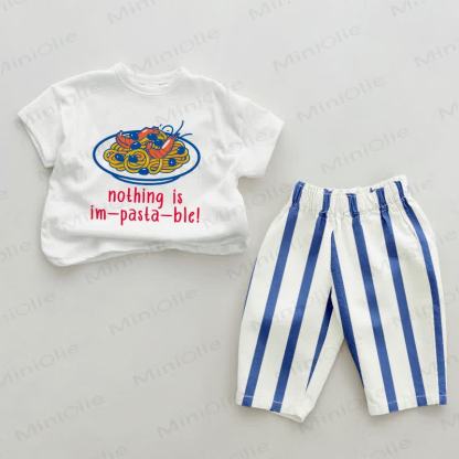 NOTHING IS IM-PASTA-BLE!  Baby Pasta Print Blue Vertical Striped 2-piece Set - White&Blue - 2-3T - image 1