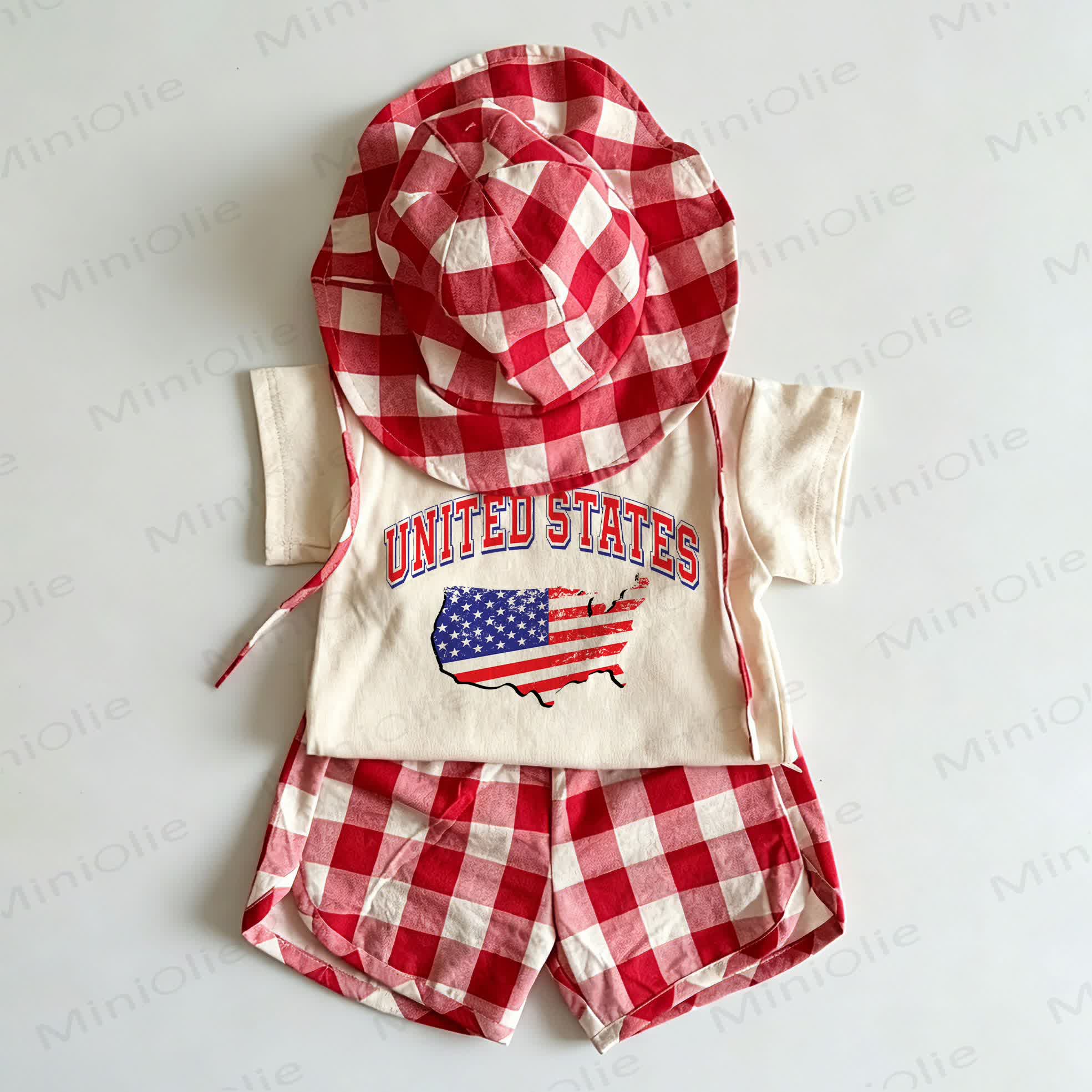 UNITED STATES Toddler Red American Flag Print Plaid 2-piece Set with Hat - White&Red - 6-7T - image 1