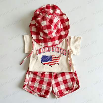 UNITED STATES Toddler Red American Flag Print Plaid 2-piece Set with Hat - White&Red - 6-7T - image 1