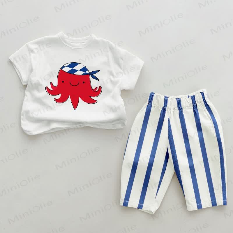 Baby Octopus Print Blue Vertical Striped 2-piece Set - White&Blue - 2-3T - image 1