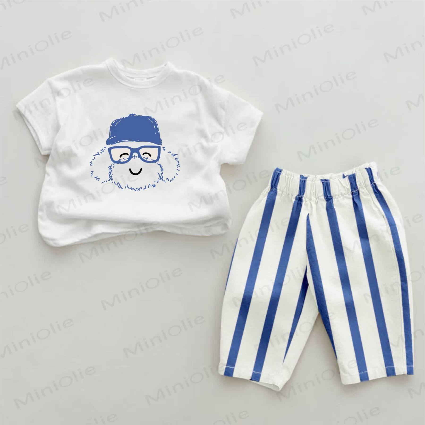 Baby Cartoon Blue Vertical Striped 2-piece Set - White&Blue - 2-3T - image 1