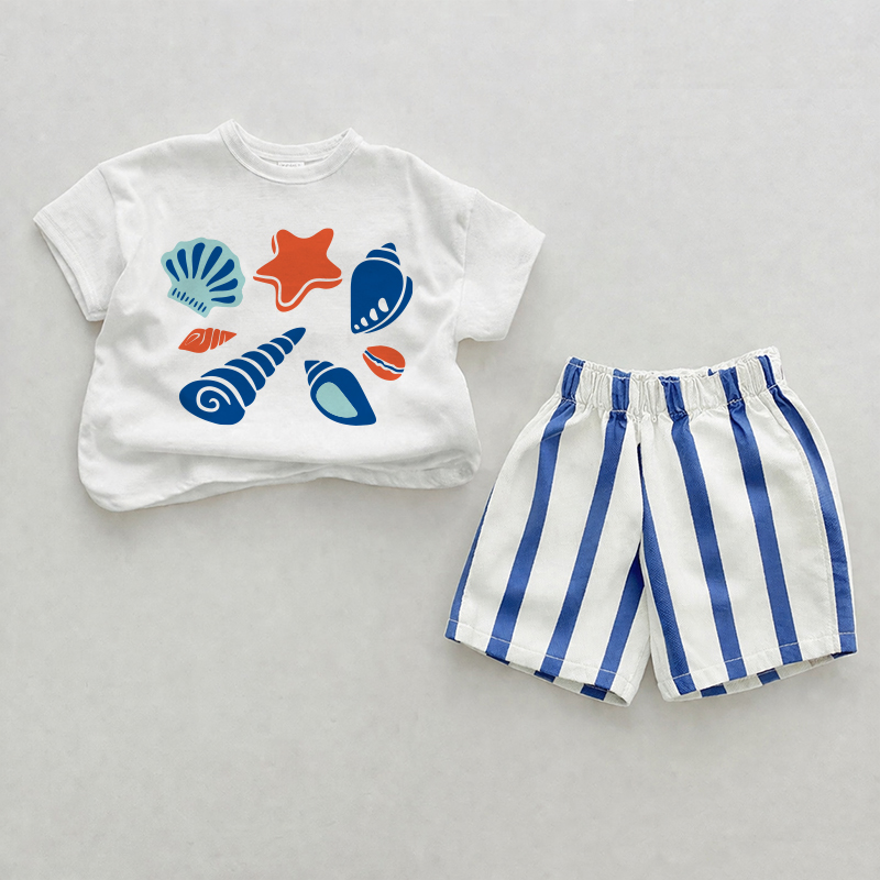 Baby Seaside Pattern Blue Vertical Striped 2-piece Shorts Set - White&Blue - 2-3T - image 1