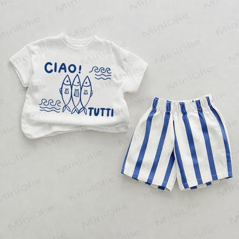 CIAO! TUTTI Baby Blue Fish Print Vertical Striped 2-piece Set - White&Blue - 2-3T - image 1