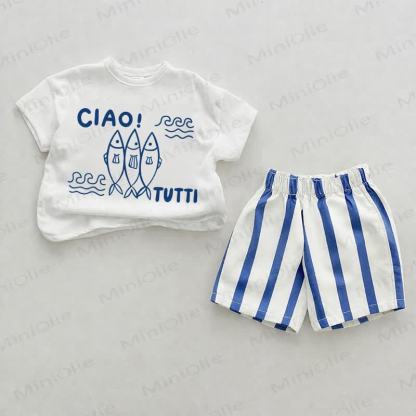 CIAO! TUTTI Baby Blue Fish Print Vertical Striped 2-piece Set - White&Blue - 2-3T - image 1