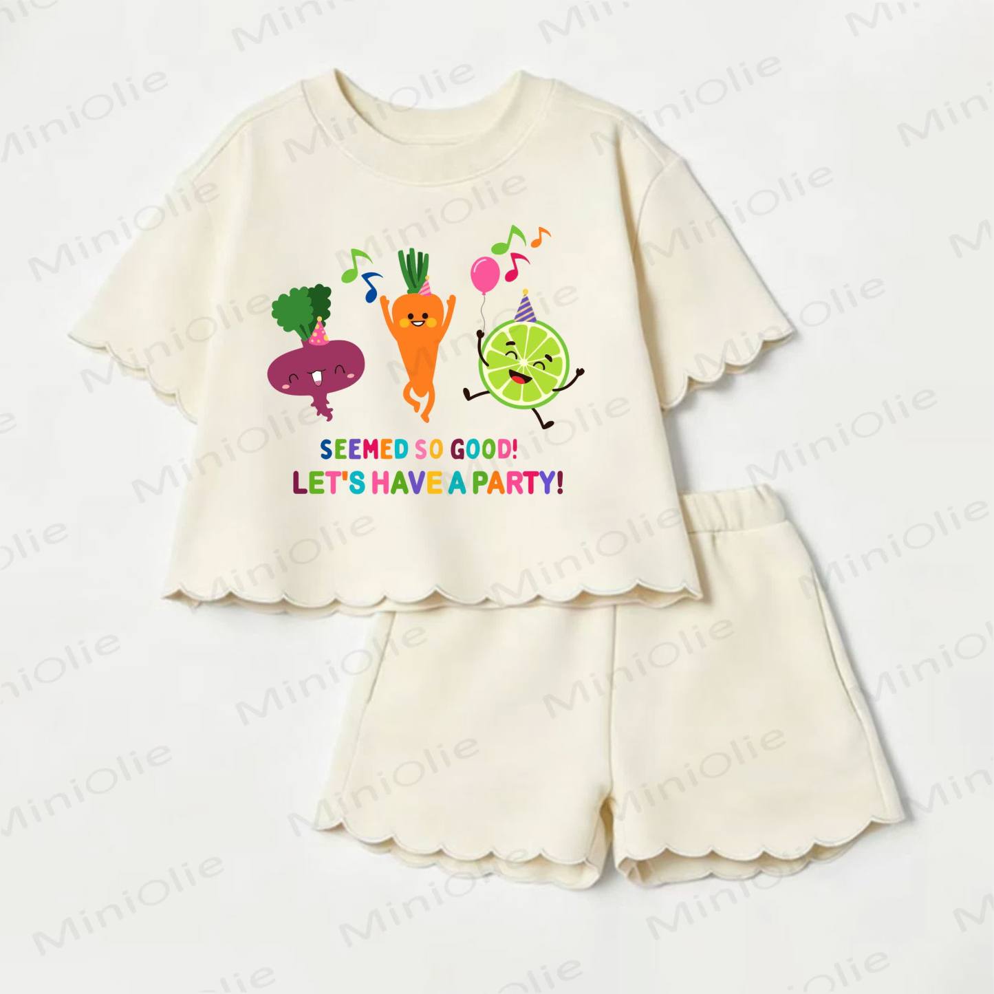 SEEMED SO GOOD! LET'S HAVE A PARTY! Baby Vegetable Print Scalloped Edge T-shirt and Shorts 2-Piece Set - Beige - 3-4T - image 1