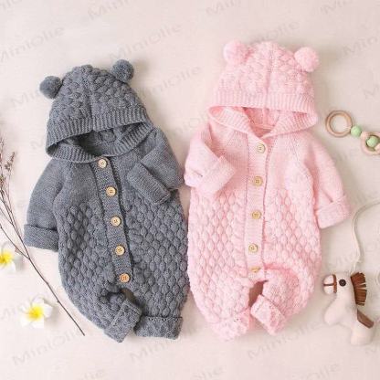 Baby Bear Ear Hooded Fleece Knit Romper - image 12