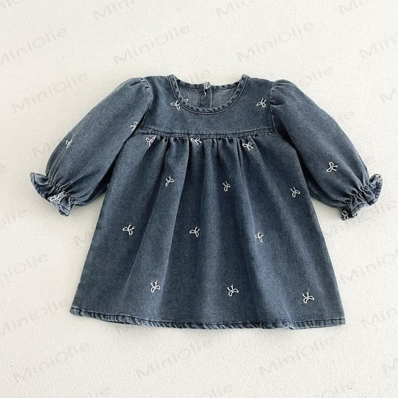 Girls Bow Embroidered Denim Dress - Blue - 4-5T - image 4