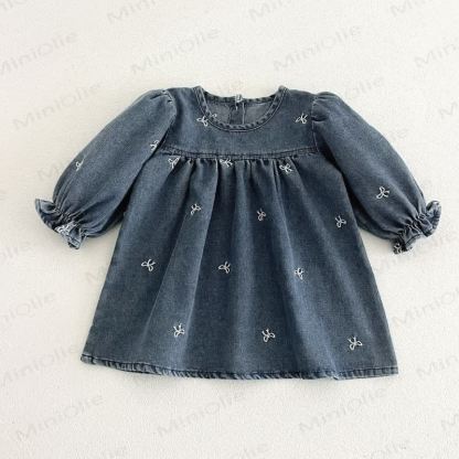 Girls Bow Embroidered Denim Dress - Blue - 4-5T - image 4