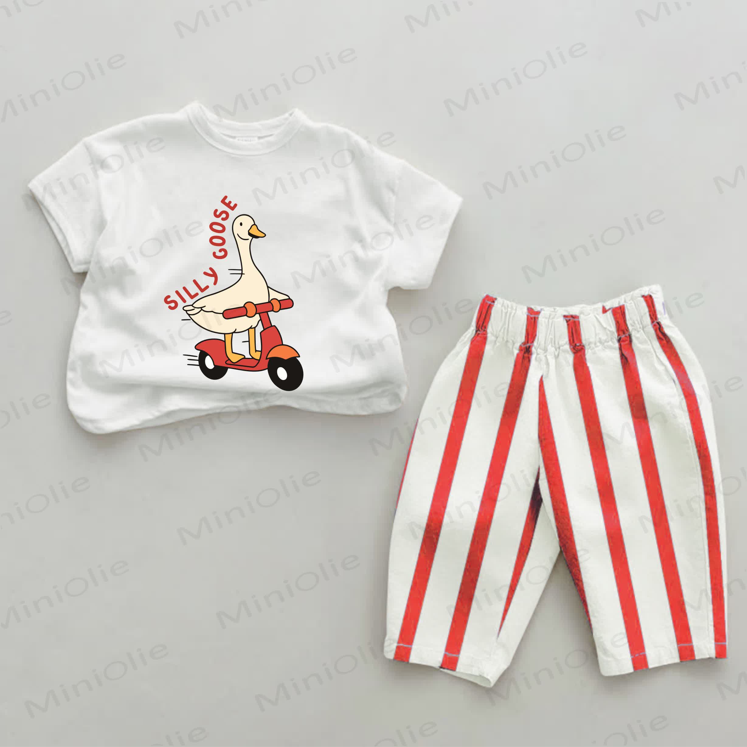 SILLY GOOSE Baby Goose Print Red Striped 2-piece Set - White&Red - 2-3T - image 1
