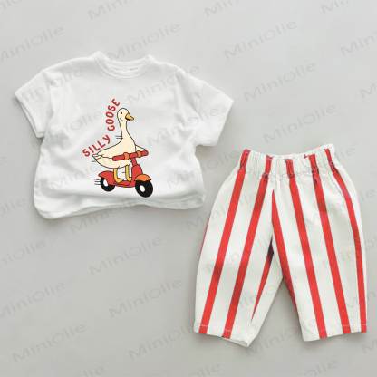 SILLY GOOSE Baby Goose Print Red Striped 2-piece Set - White&Red - 2-3T - image 1