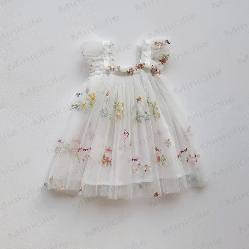 Toddler Girl Flower Mesh Flying Sleeves Dress - White - 5-7T - image 6
