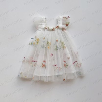 Toddler Girl Flower Mesh Flying Sleeves Dress - White - 5-7T - image 6