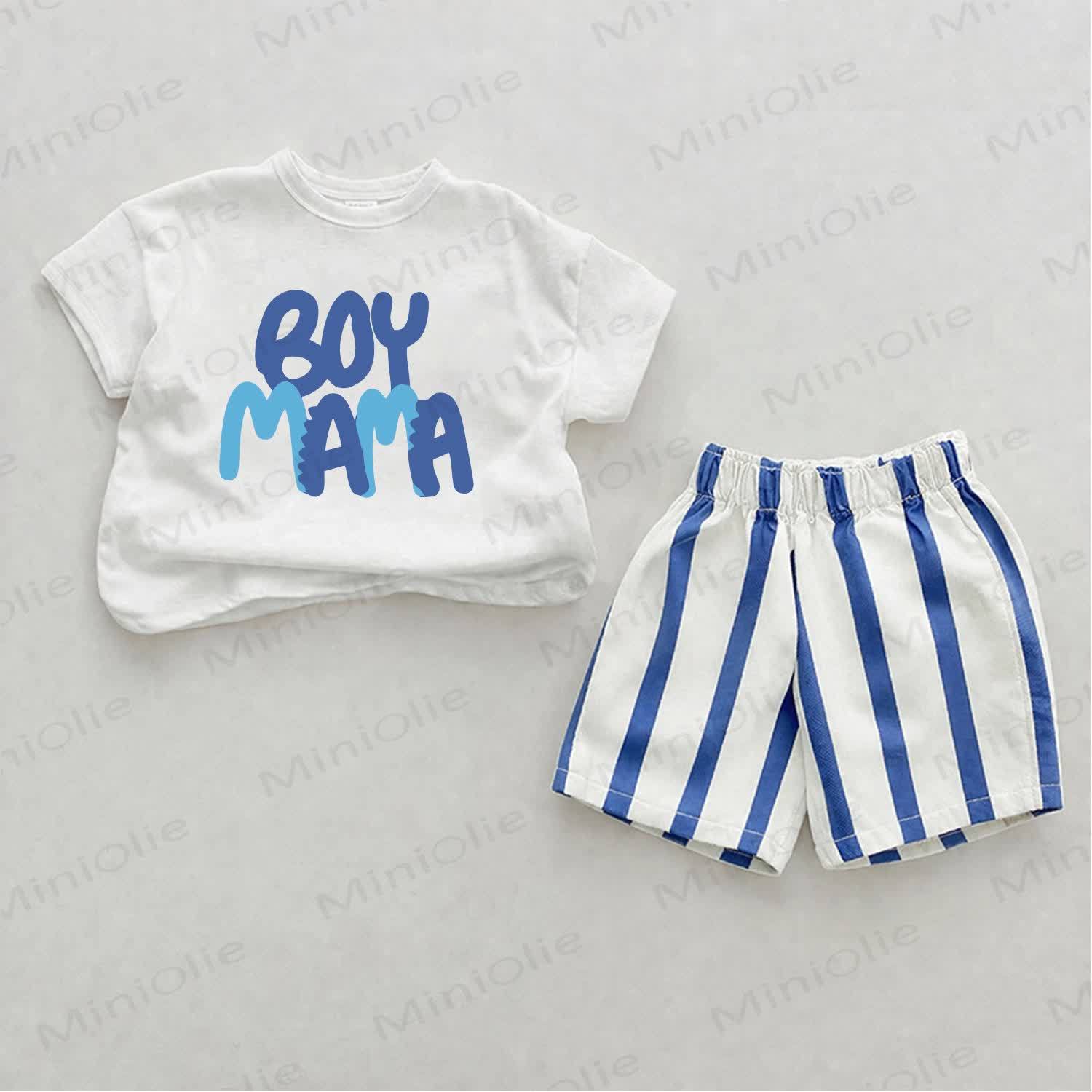 BOY MAMA Baby Blue Slogan Vertical Striped 2-piece Set - White&Blue - 2-3T - image 1