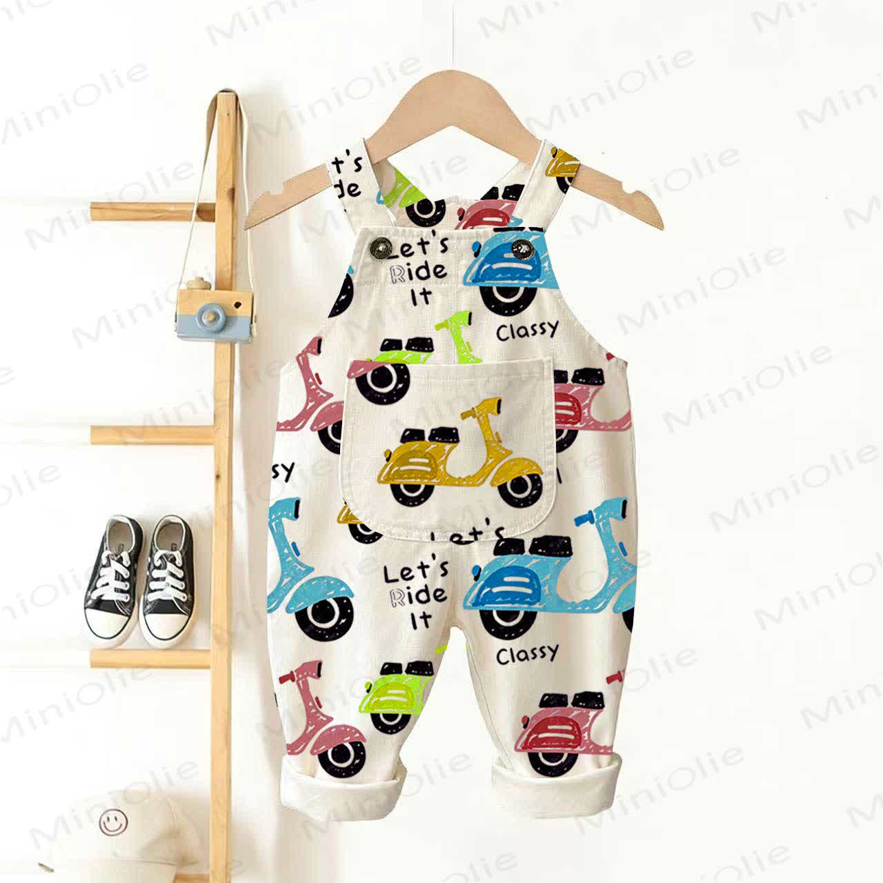 Baby Toddler Electric Bike Print Overalls  - Beige - 3-5T - image 1