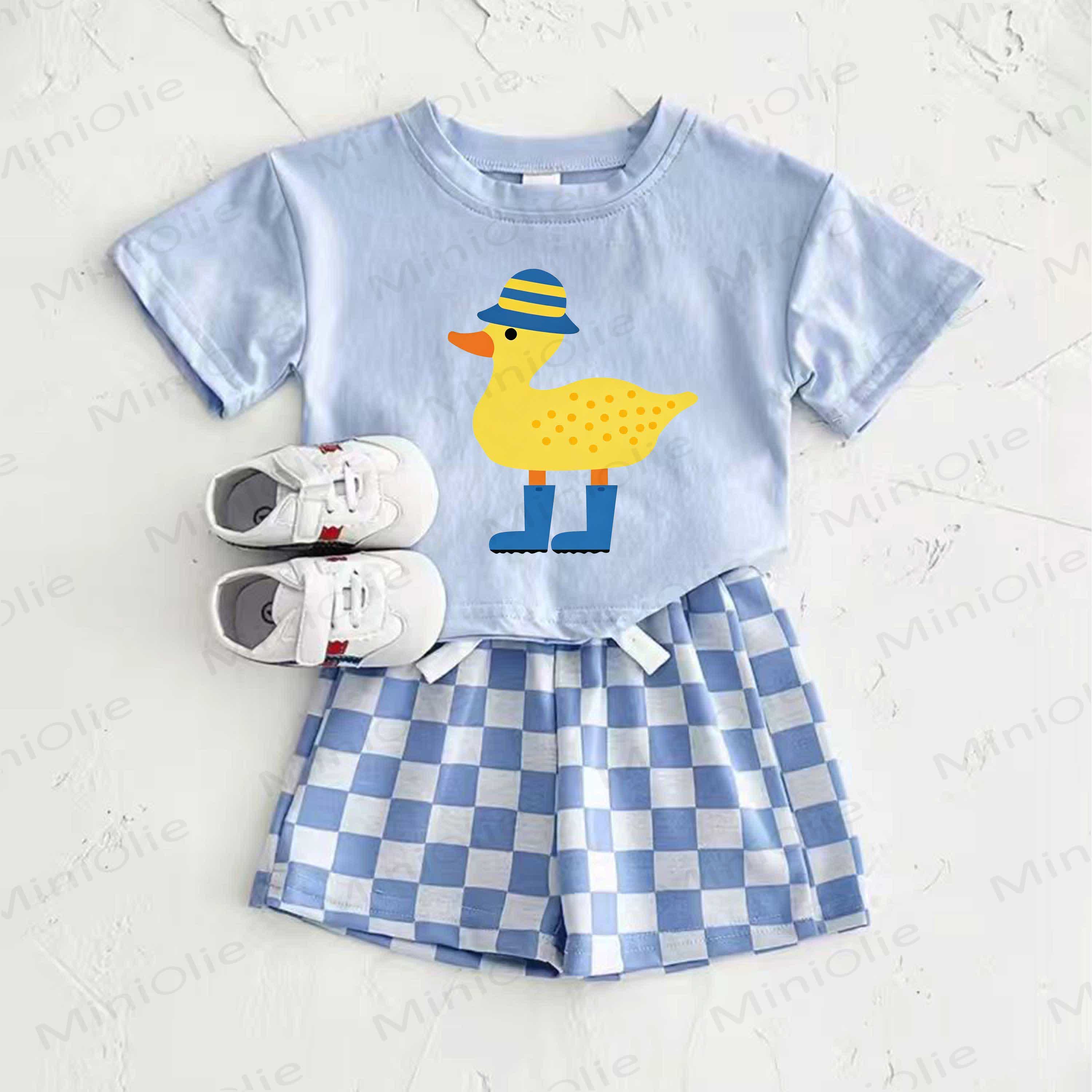 Baby Blue Duck Print T-shirt and Plaid Pants 2-Piece Set - Blue - 2-3T - image 1