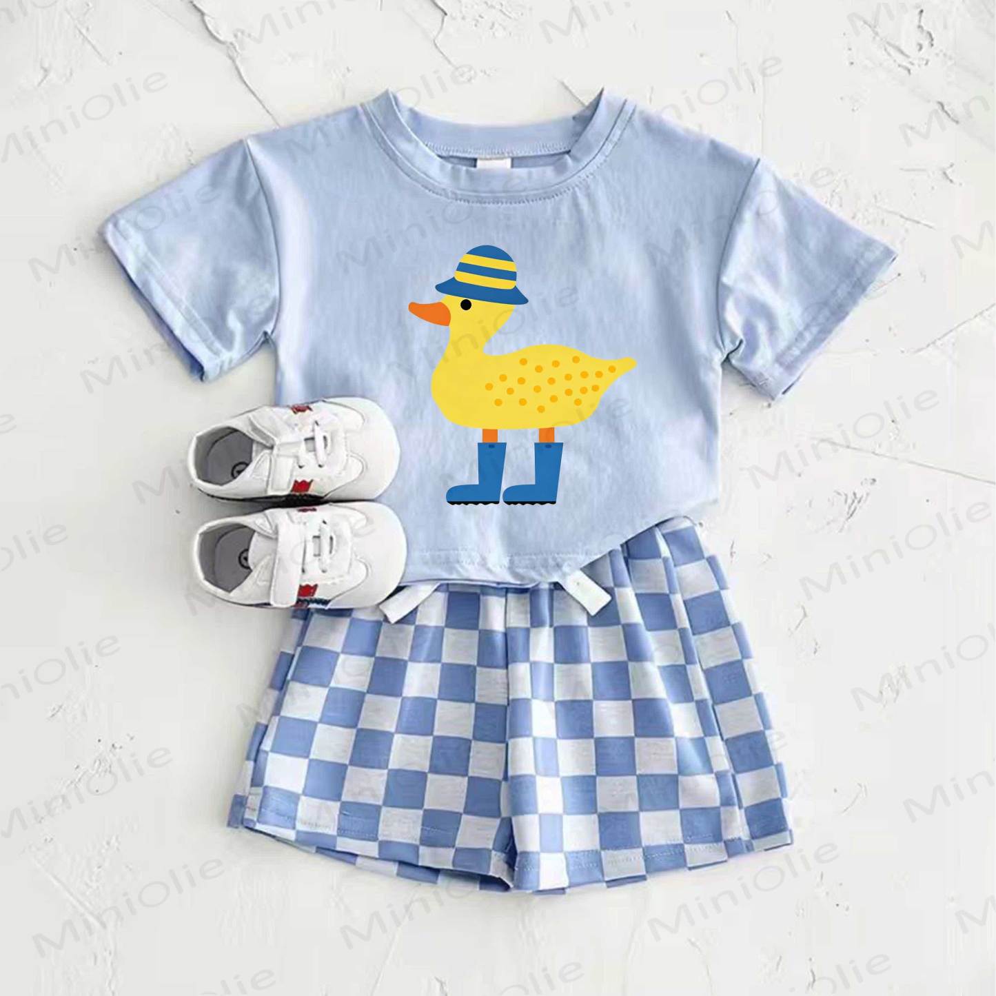 Baby Blue Duck Print T-shirt and Plaid Pants 2-Piece Set - Blue - 2-3T - image 1