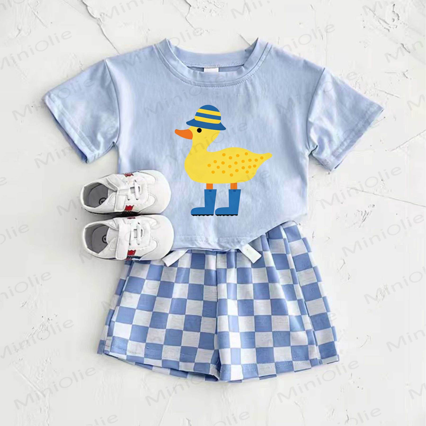 Baby Blue Duck Print T-shirt and Plaid Pants 2-Piece Set - Blue - 2-3T - image 1