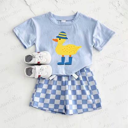 Baby Blue Duck Print T-shirt and Plaid Pants 2-Piece Set - Blue - 2-3T - image 1