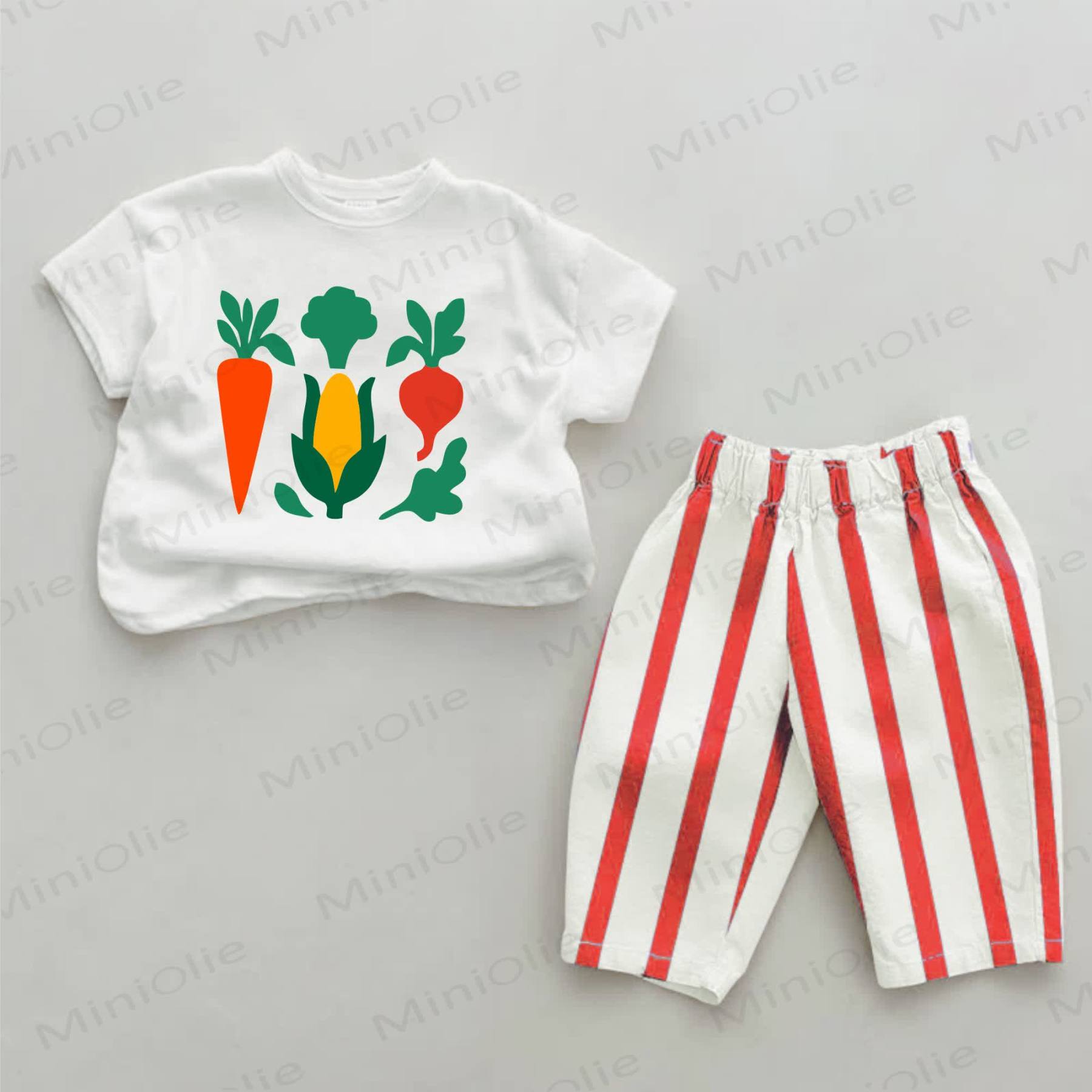 Baby Vegetable Print Red Striped 2-piece Set - White&Red - 2-3T - image 1