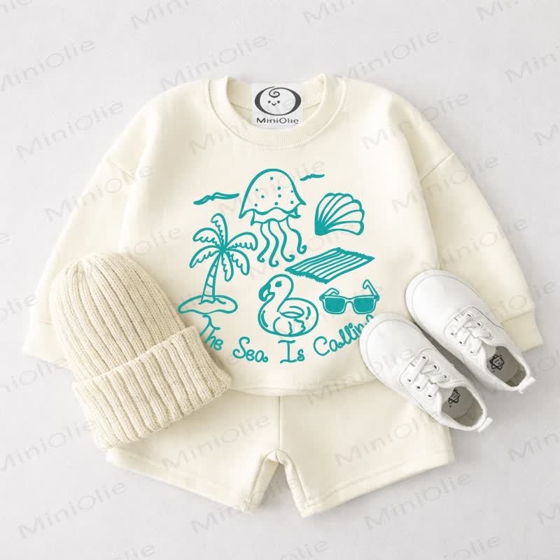 THE SEA IS CALLING Baby Cream White Sweatshirt and Shorts 2-piece Set - Cream White - 3-4T - image 1
