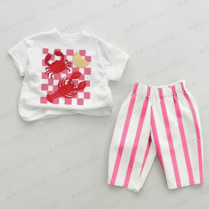Baby Lobster & Crab Pink Vertical Striped 2-piece Set - White&Pink - 2-3T - image 1
