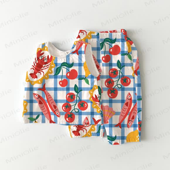 Baby Fruit & Seafood Blue Plaid 2-Piece Sleeveless Set - White&Blue - 2-3T - image 1