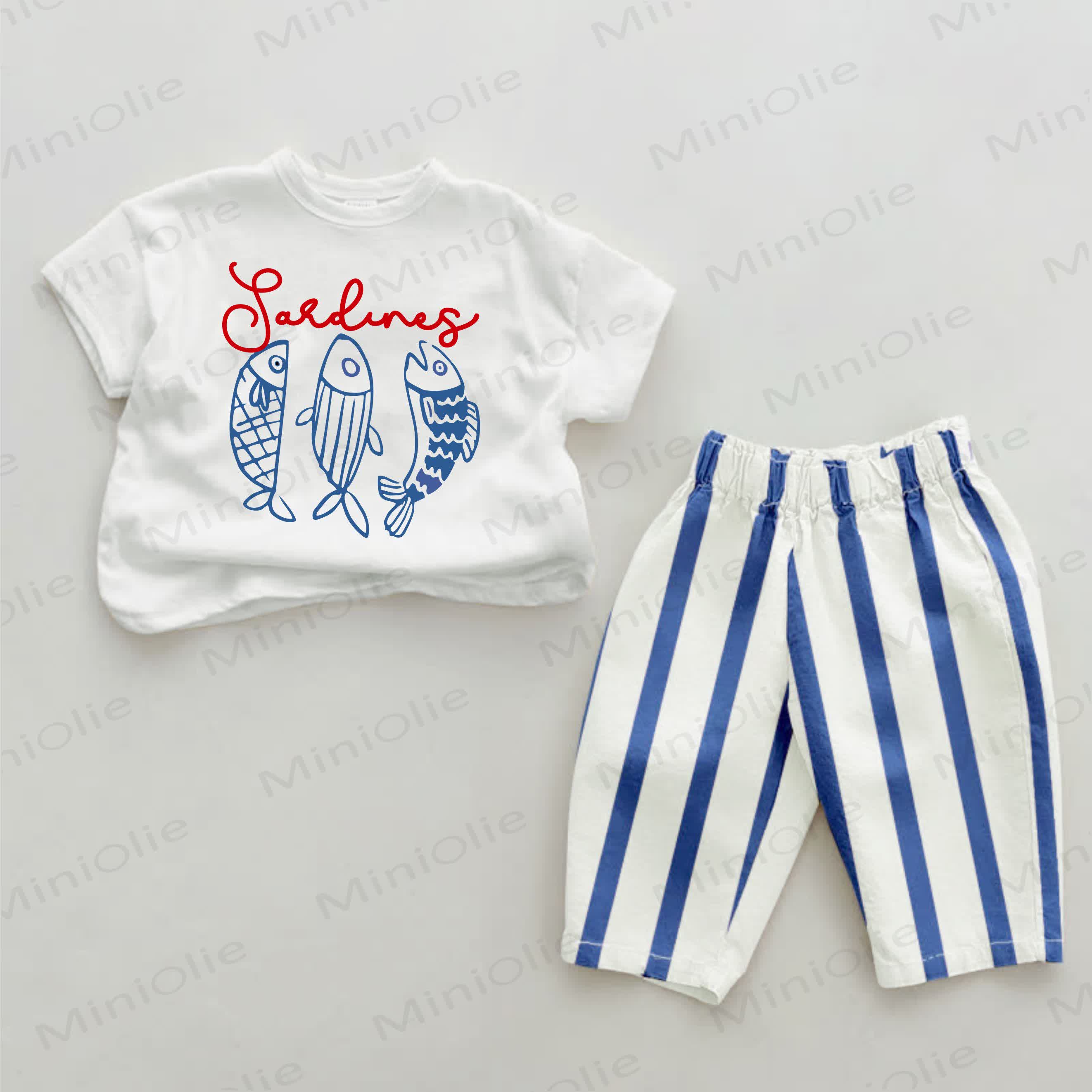 SARDINES Baby Sardines Print Blue Vertical Striped 2-piece Set - White&Blue - 2-3T - image 1