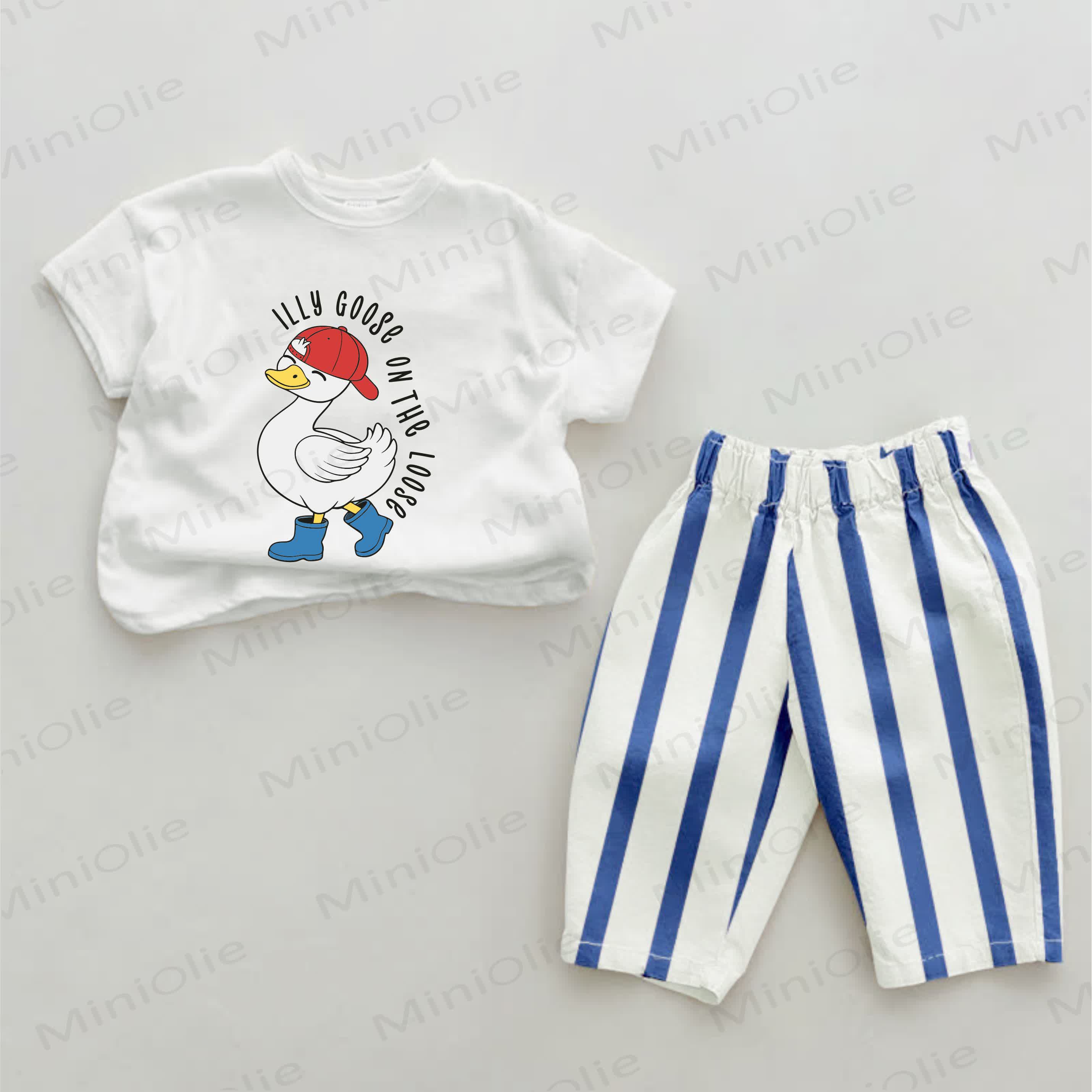 ILLY GOOSE ON THE LOOSE Baby Tomato Print Blue Vertical Striped 2-piece Set - White&Blue - 2-3T - image 1