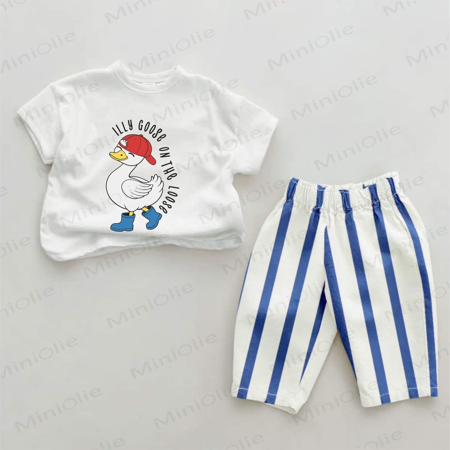 ILLY GOOSE ON THE LOOSE Baby Tomato Print Blue Vertical Striped 2-piece Set - White&Blue - 2-3T - image 1