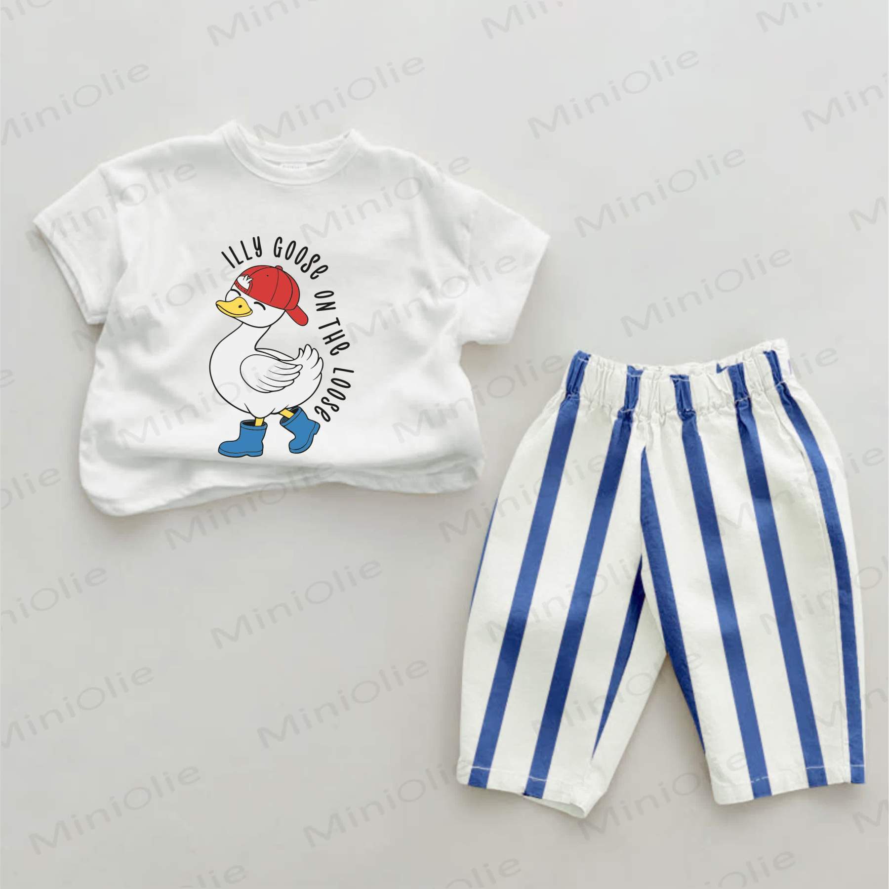 ILLY GOOSE ON THE LOOSE Baby Tomato Print Blue Vertical Striped 2-piece Set - White&Blue - 2-3T - image 1