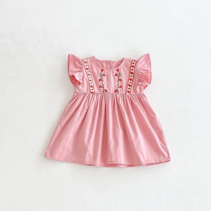 Toddler Embroidered Strawberry Ruffle Sleeves Dress - Pink - 8Y - image 21