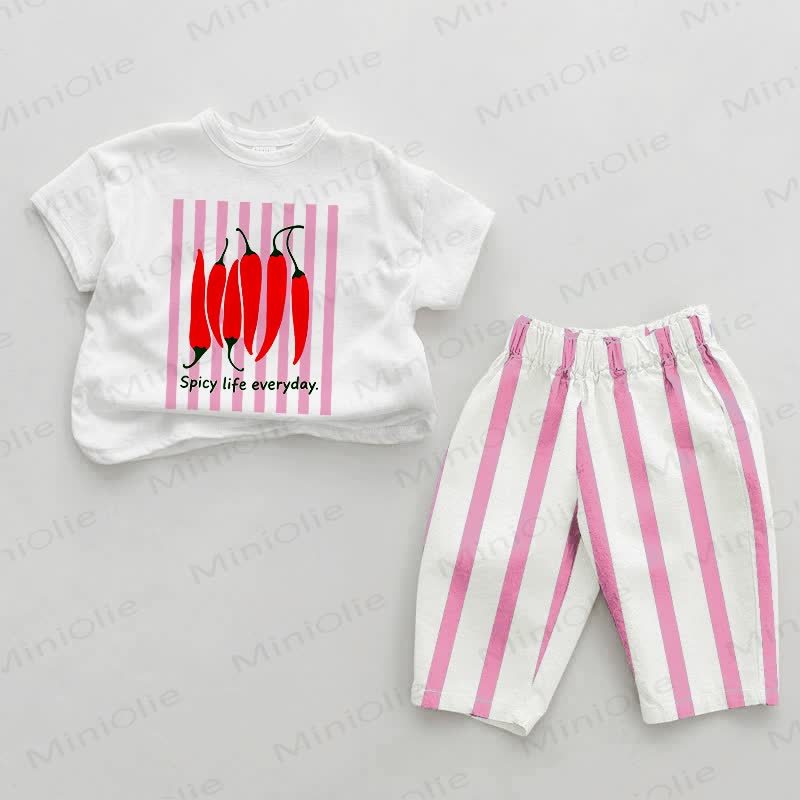 SPICY LIFE EVERYDAY Baby Pink Chili Print Vertical Striped 2-piece Set - White&Pink - 2-3T - image 1
