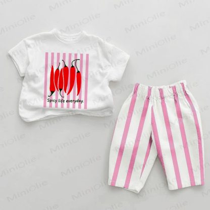 SPICY LIFE EVERYDAY Baby Pink Chili Print Vertical Striped 2-piece Set - White&Pink - 2-3T - image 1