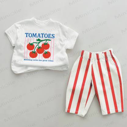 TOMATOES KETCHUP WITH THE GOOD VIBES Baby Tomato Print Red Striped 2-piece Set - White&Red - 2-3T - image 1