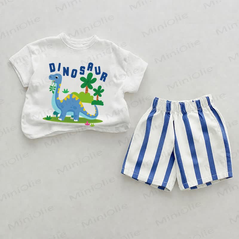 DINOSAUR Baby Blue Vertical Striped 2-piece Shorts Set - White&Blue - 2-3T - image 1