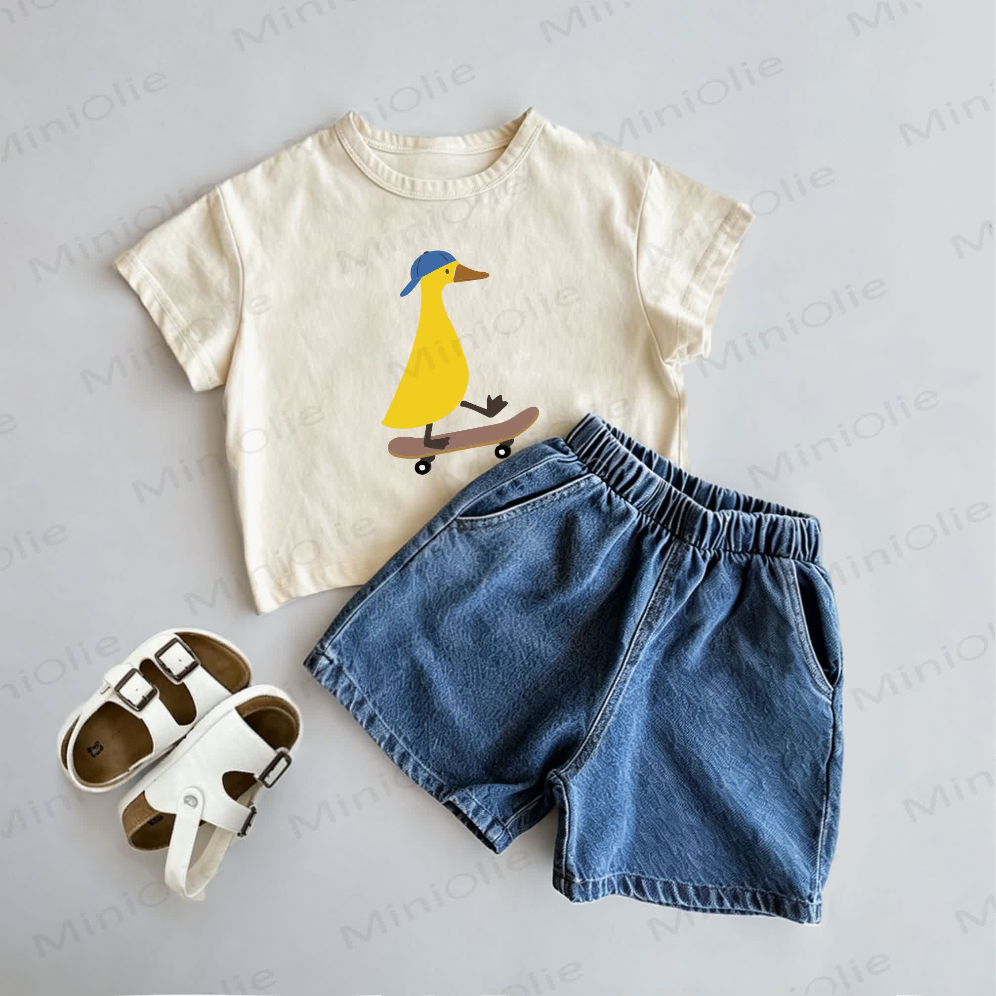 Baby Toddler Duck Print Tee and Denim Shorts 2-Piece Set - Beige - 3-5T - image 1
