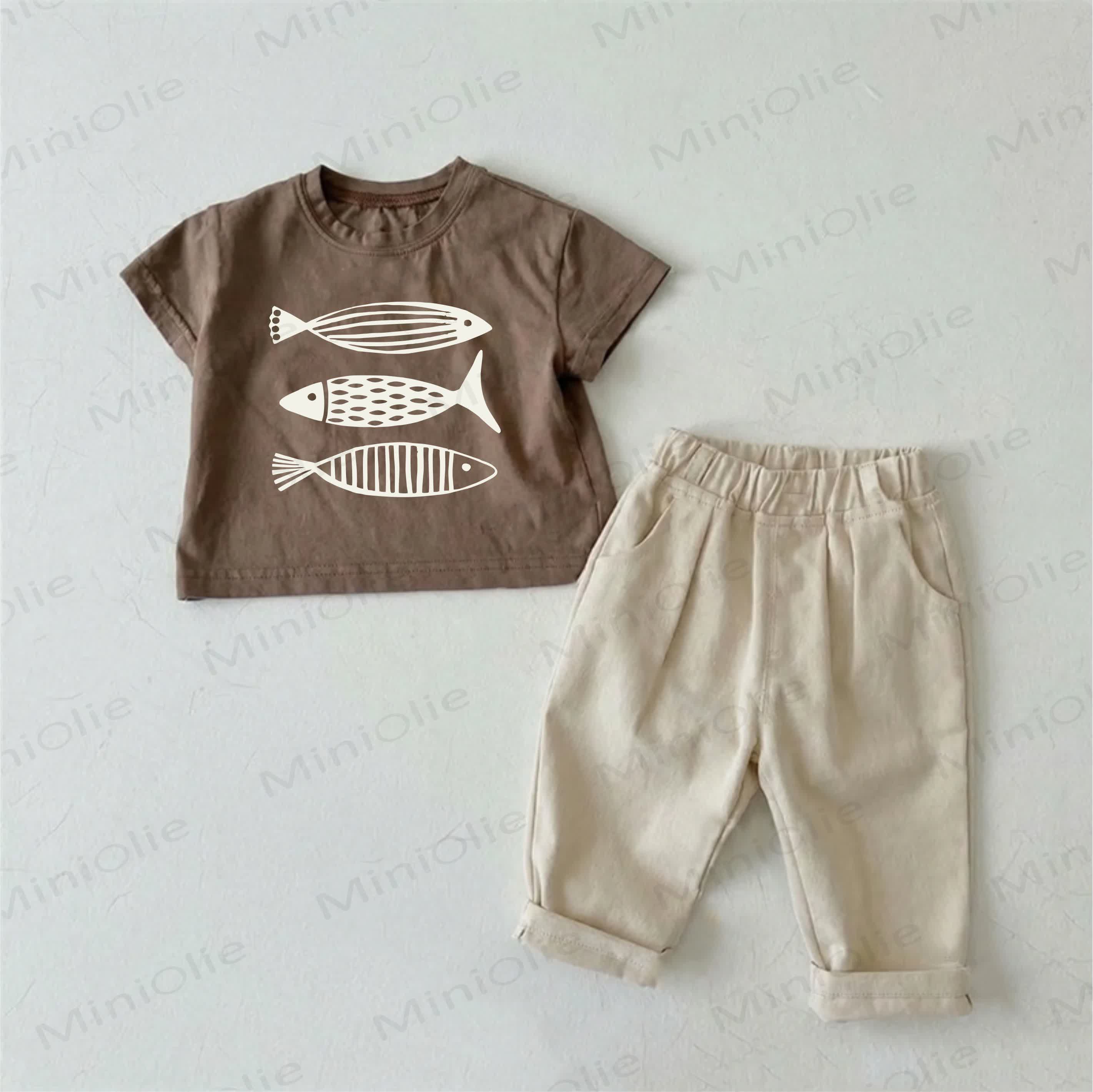 Baby Brown Fish Print T-shirt and Beige Pants 2-Piece Set - Brown - 2-3T - image 1