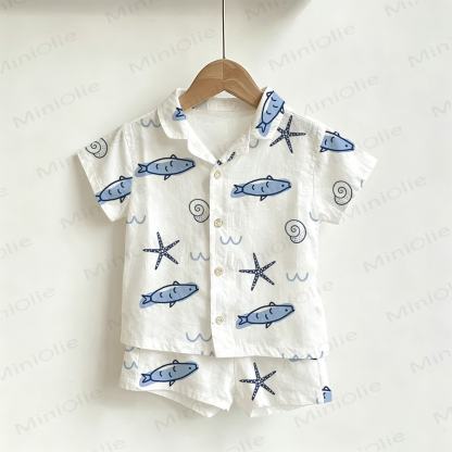 Toddler Boys White Fish Print Shirt and Shorts 2-piece Set - White - 4-5T - image 1