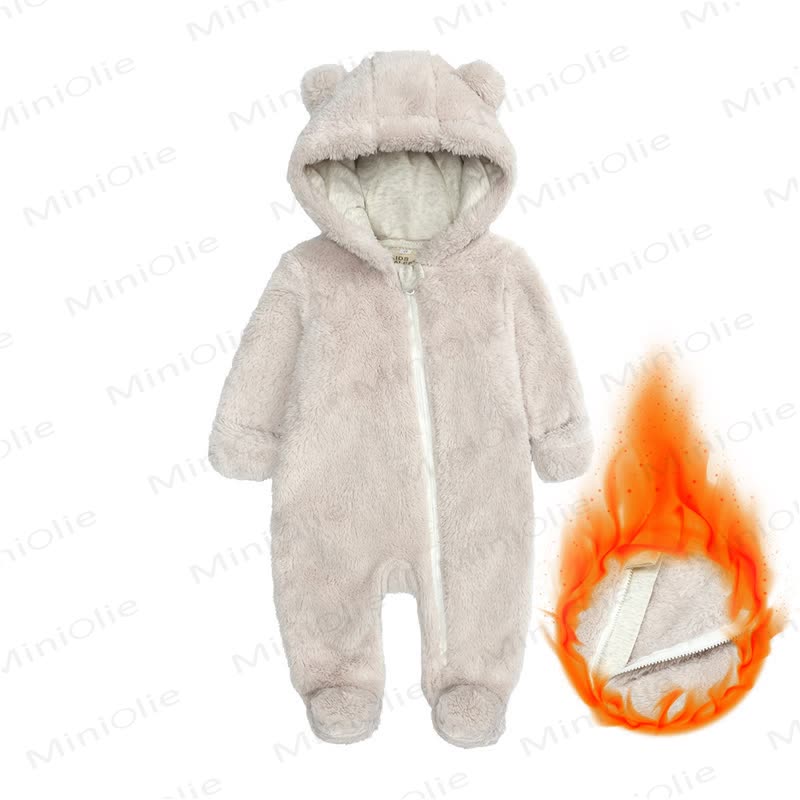 Baby Fleece Solid Color Hooded Romper - Beige - 9-12M - image 8