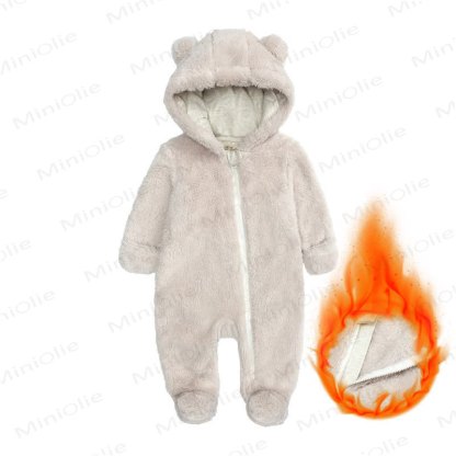 Baby Fleece Solid Color Hooded Romper - Beige - 9-12M - image 8