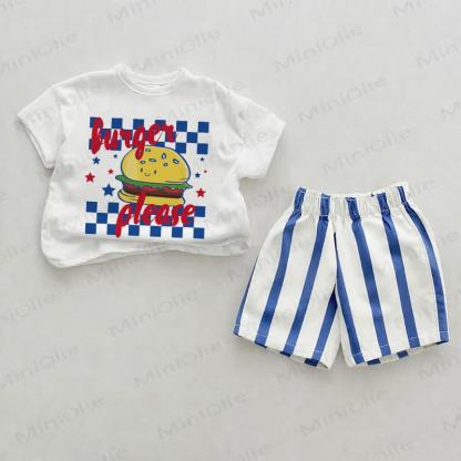BURGER PLEASE Baby Blue Vertical Striped 2-piece Shorts Set - White&Blue - 2-3T - image 1
