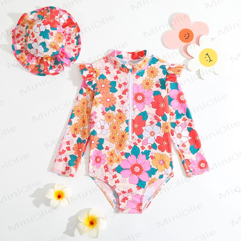Baby Girl Floral One-piece Swimsuit with Hat - Beige - 2-3Y - image 6