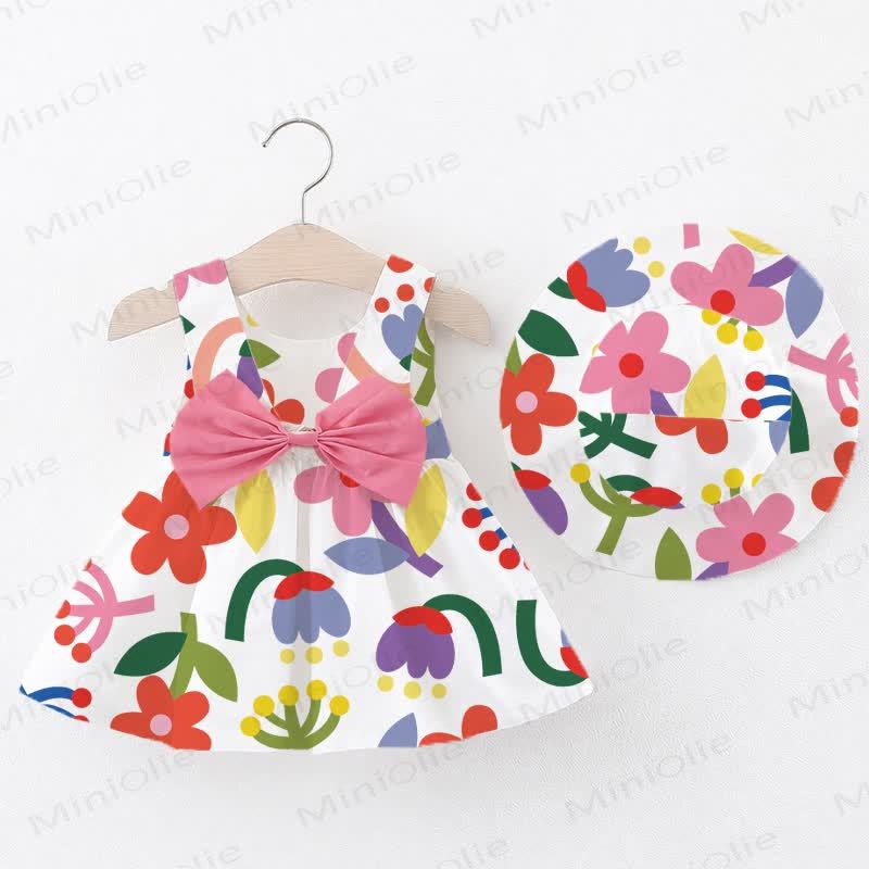 Baby Girl Bowknot Colorful Flowers Print Dress with Hat - White - 2-3T - image 1